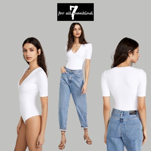 7 FOR ALL MANKIND NEW Preppy Ribbed V-Neck Elbow Sleeve Thong Bodysuit Top - Picture 3 of 11